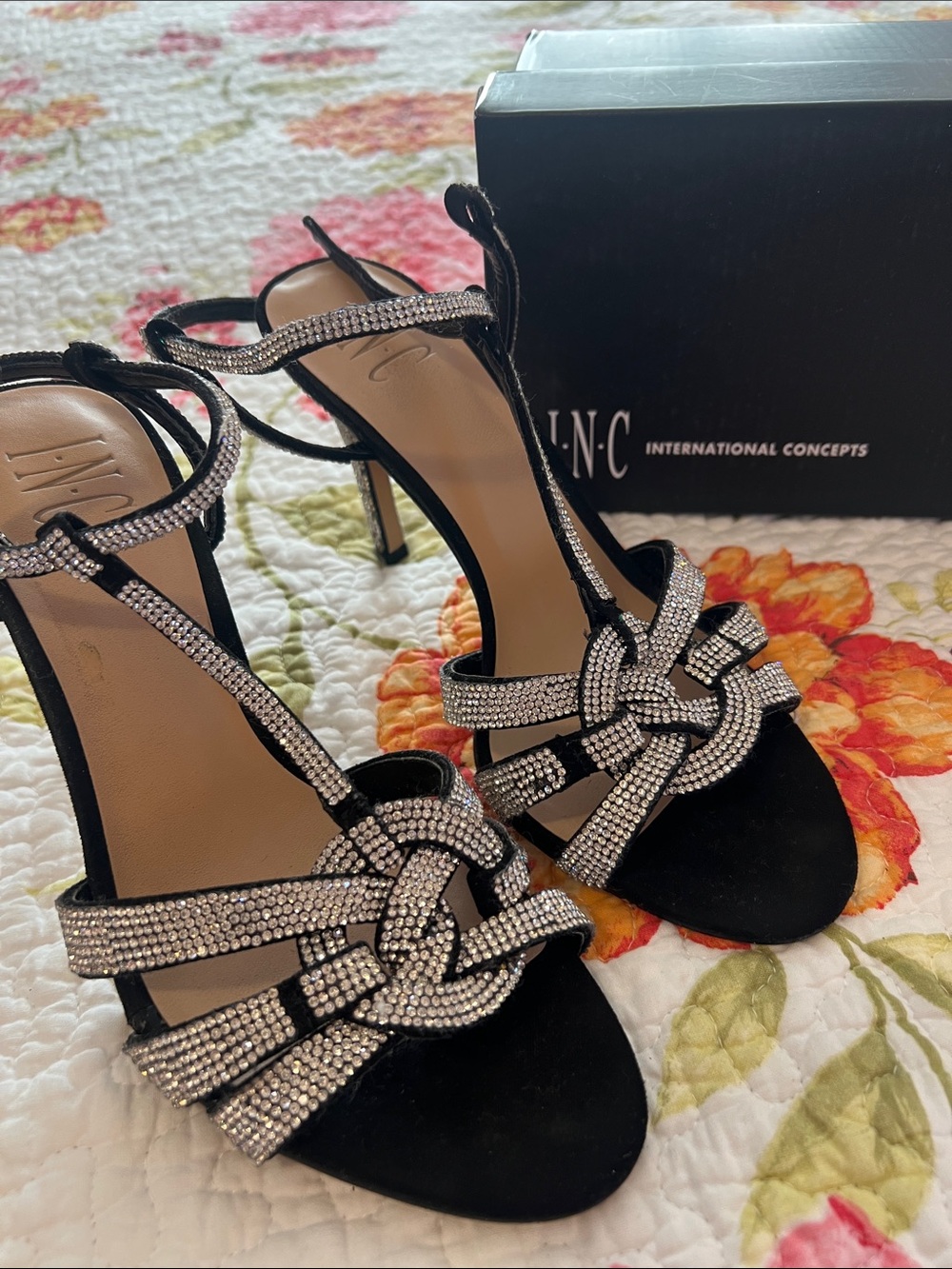 INC International Concepts Black Rhinestone Knot Strappy Sandals